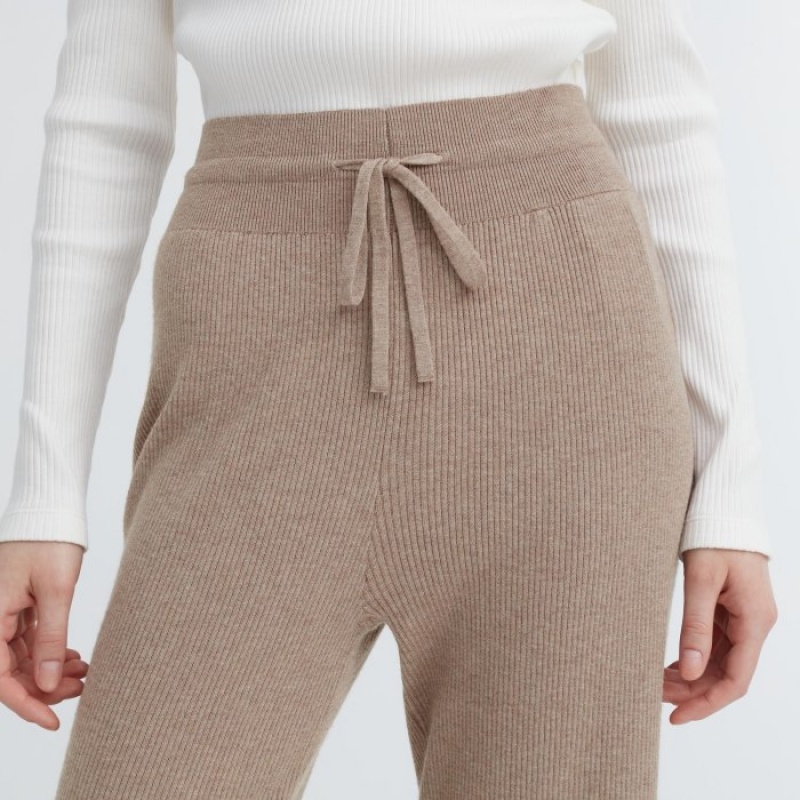 Pantalon Uniqlo Washable Knit Ribbed Lounge Femme Kaki | 2200675