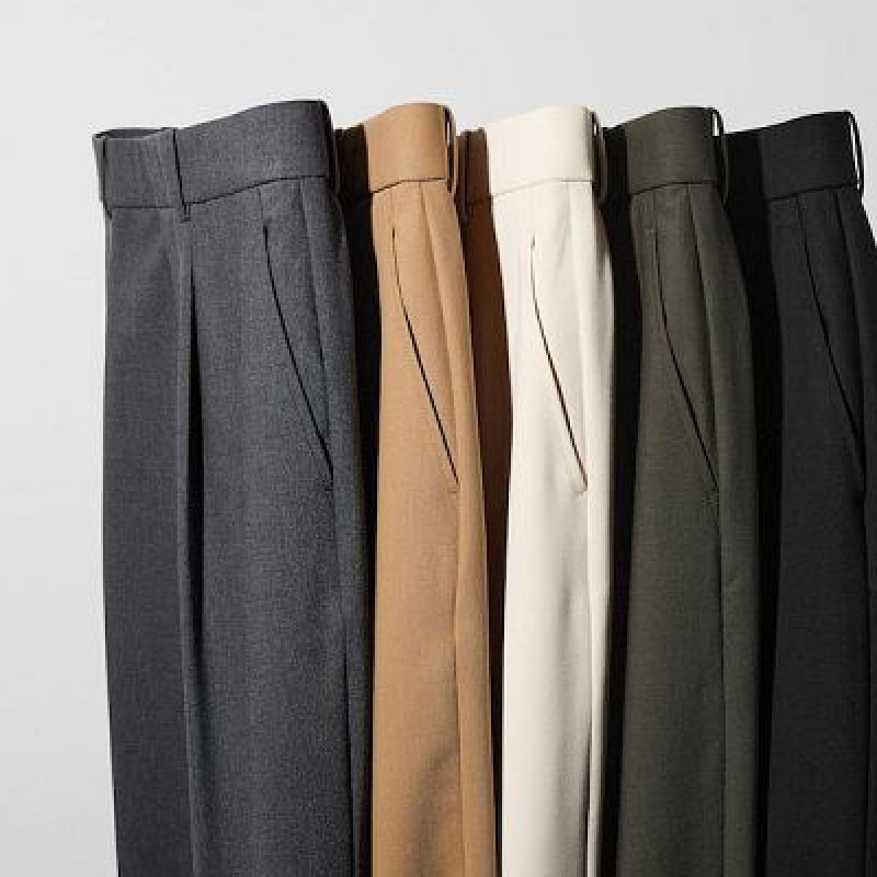 Pantalon Uniqlo Wide-Fit Pleated Femme Vert Olive | 1005976