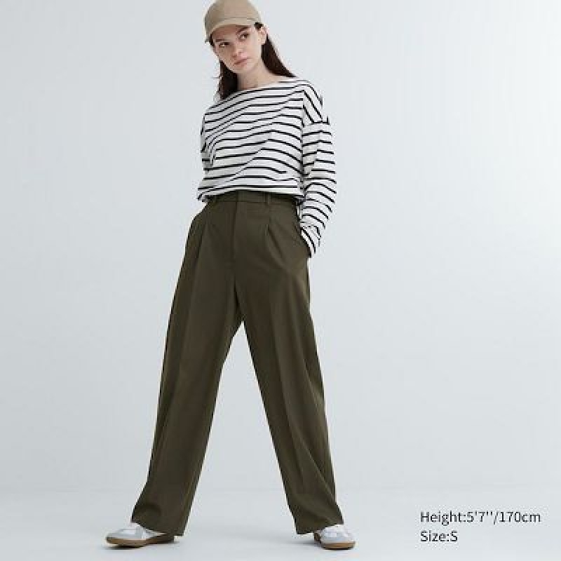 Pantalon Uniqlo Wide-Fit Pleated Femme Vert Olive | 1005976