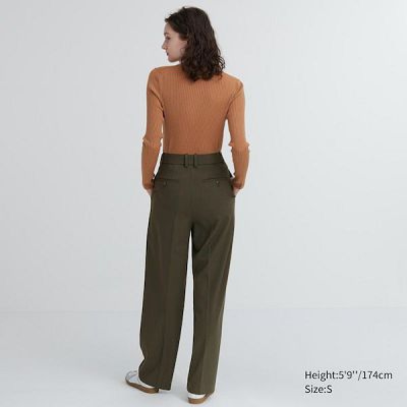 Pantalon Uniqlo Wide-Fit Pleated Femme Vert Olive | 9208871