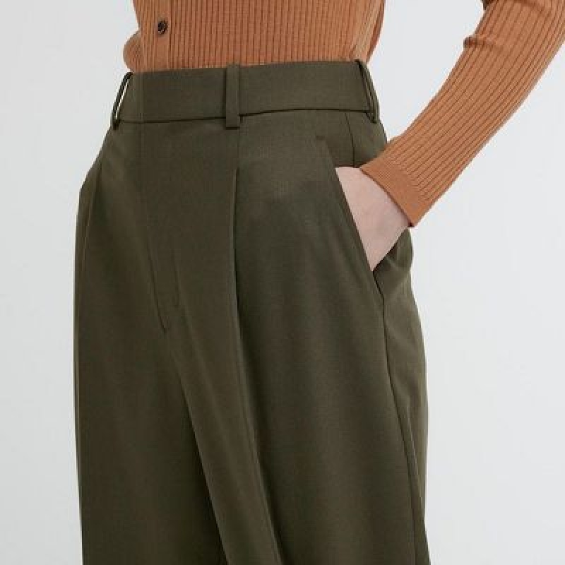 Pantalon Uniqlo Wide-Fit Pleated Femme Vert Olive | 9208871