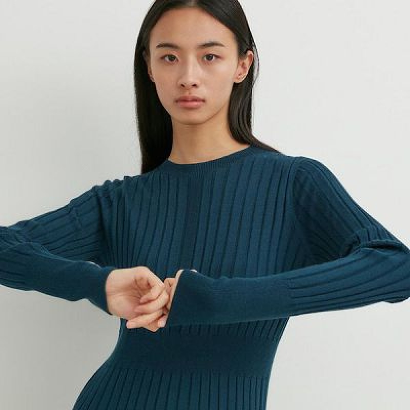 Peignoir Uniqlo 3D Knit Ribbed Crew Neck Long-Sleeve Femme Vert | 2854207