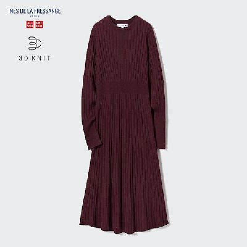 Peignoir Uniqlo 3D Knit Ribbed Crew Neck Long-Sleeve Femme Bordeaux | 4164588