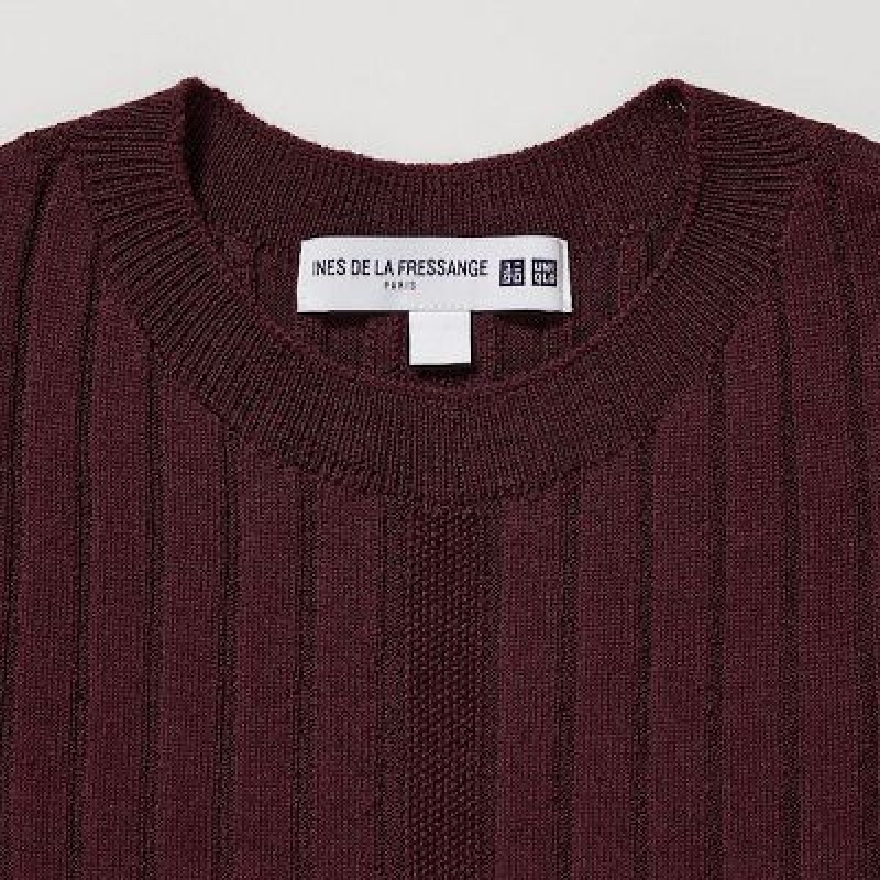 Peignoir Uniqlo 3D Knit Ribbed Crew Neck Long-Sleeve Femme Bordeaux | 4164588