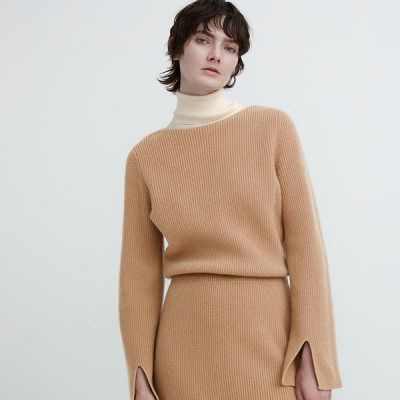 Peignoir Uniqlo Boat Neck Long-Sleeve Knit Femme Beige | 3785648