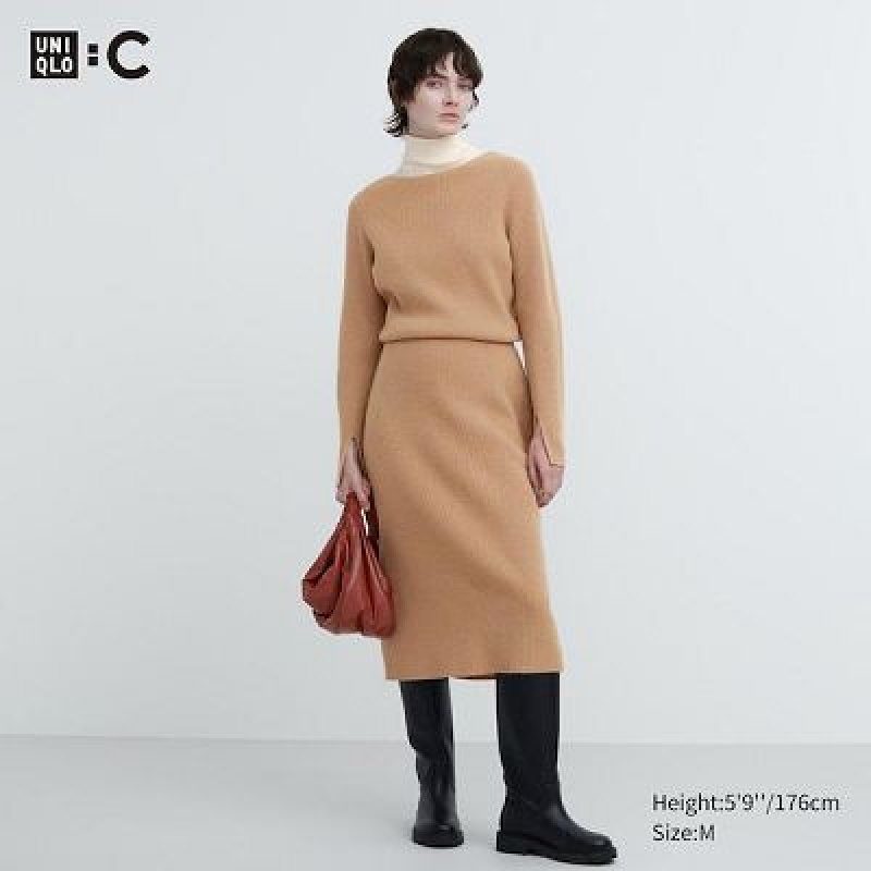 Peignoir Uniqlo Boat Neck Long-Sleeve Knit Femme Beige | 3785648
