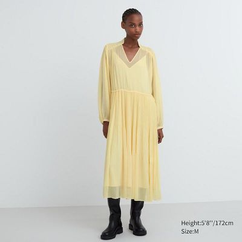 Peignoir Uniqlo Chiffon Pleated Long-Sleeve Femme Jaune | 7861739