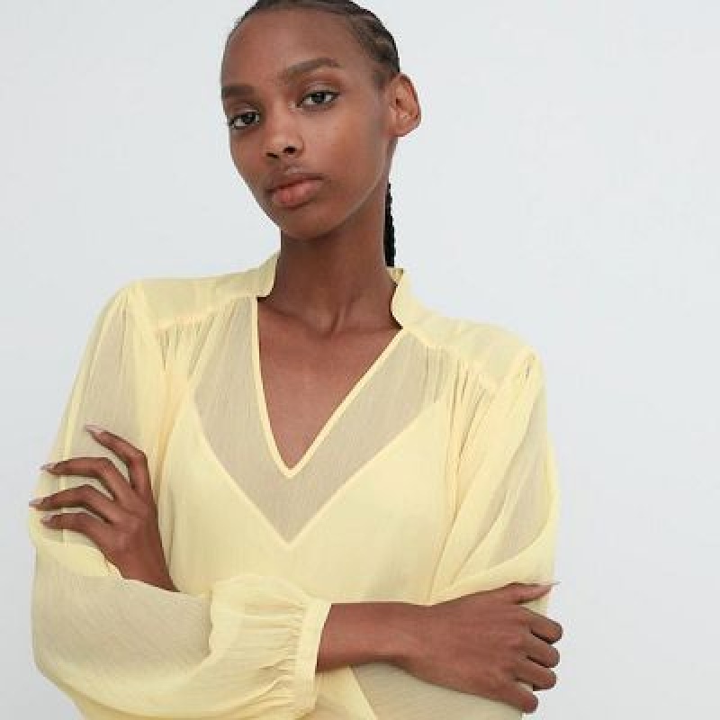 Peignoir Uniqlo Chiffon Pleated Long-Sleeve Femme Jaune | 7861739
