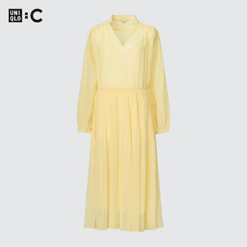 Peignoir Uniqlo Chiffon Pleated Long-Sleeve Femme Jaune | 7861739