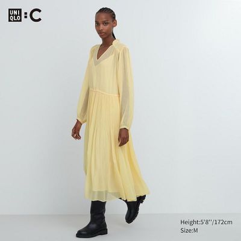 Peignoir Uniqlo Chiffon Pleated Long-Sleeve Femme Jaune | 7861739