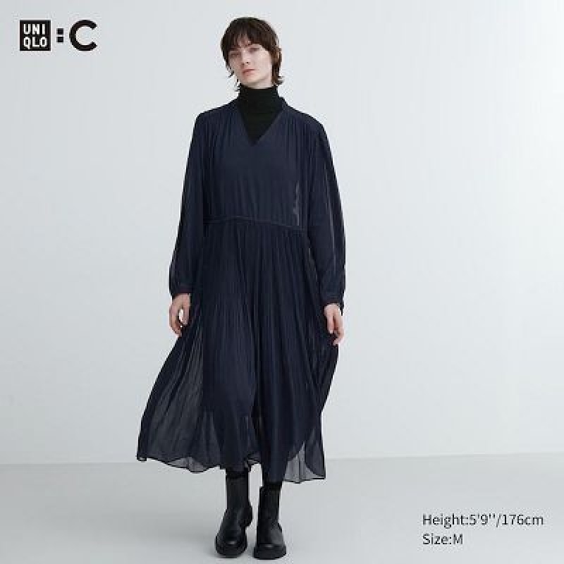 Peignoir Uniqlo Chiffon Pleated Long-Sleeve Femme Bleu Marine | 7853684