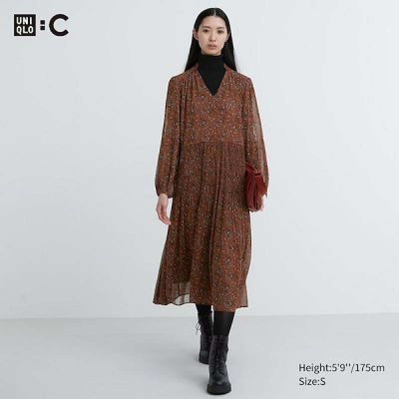 Peignoir Uniqlo Chiffon Pleated Long-Sleeve Femme Marron | 8345507
