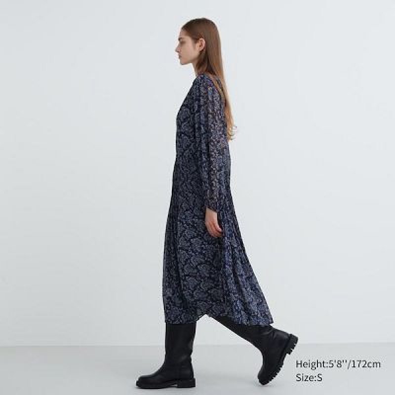 Peignoir Uniqlo Chiffon Pleated Long-Sleeve Femme Bleu | 3970204