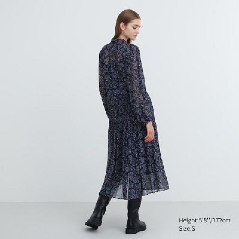 Peignoir Uniqlo Chiffon Pleated Long-Sleeve Femme Bleu | 3970204
