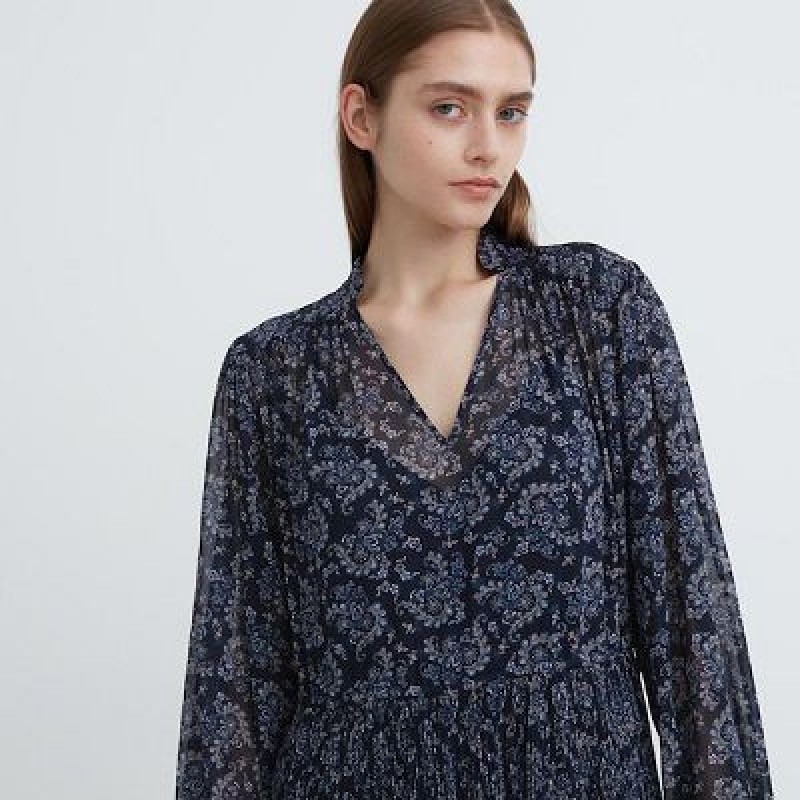 Peignoir Uniqlo Chiffon Pleated Long-Sleeve Femme Bleu | 3970204