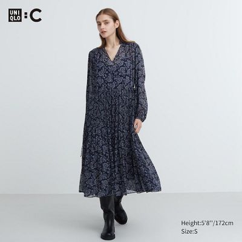 Peignoir Uniqlo Chiffon Pleated Long-Sleeve Femme Bleu | 3970204