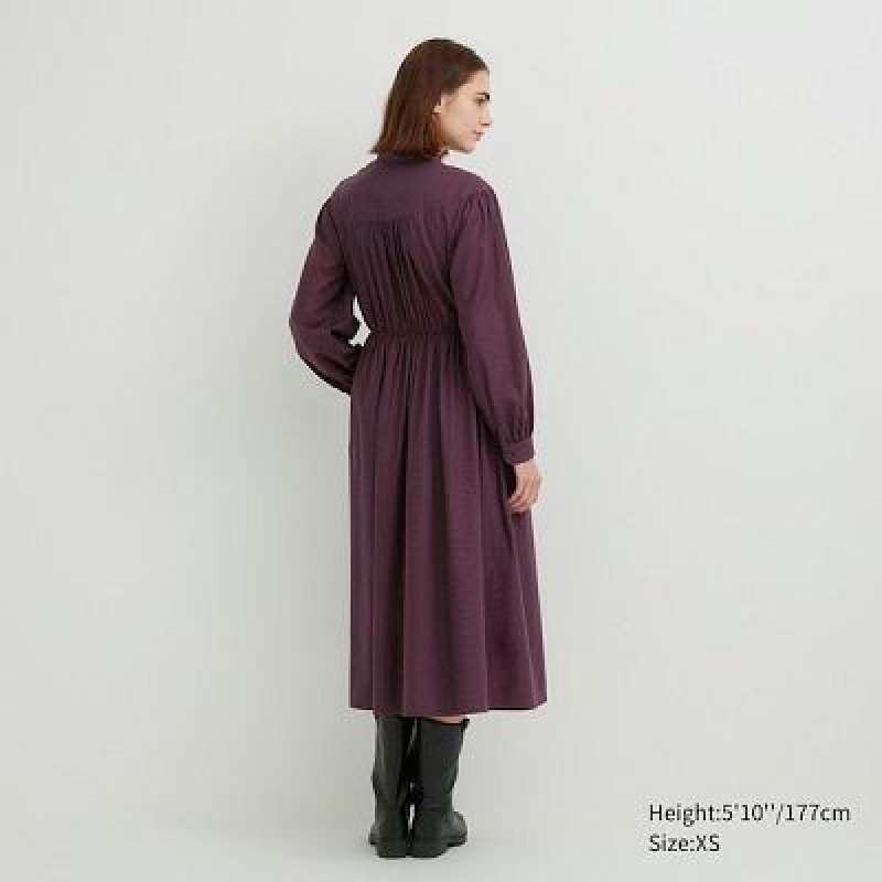 Peignoir Uniqlo Cotton Twill Checked Volume Sleeve Long Femme Marron | 1863897