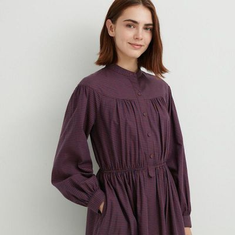 Peignoir Uniqlo Cotton Twill Checked Volume Sleeve Long Femme Marron | 1863897