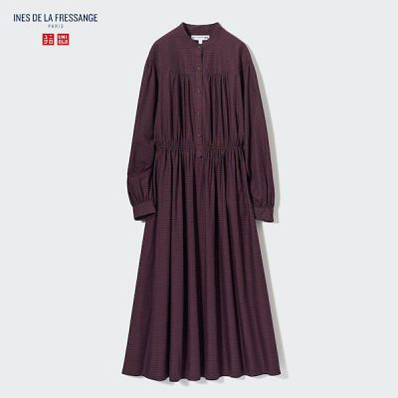 Peignoir Uniqlo Cotton Twill Checked Volume Sleeve Long Femme Marron | 1863897