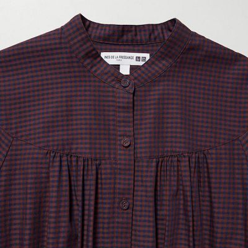 Peignoir Uniqlo Cotton Twill Checked Volume Sleeve Long Femme Marron | 1863897