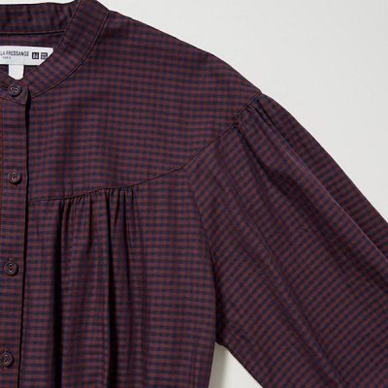 Peignoir Uniqlo Cotton Twill Checked Volume Sleeve Long Femme Marron | 1863897