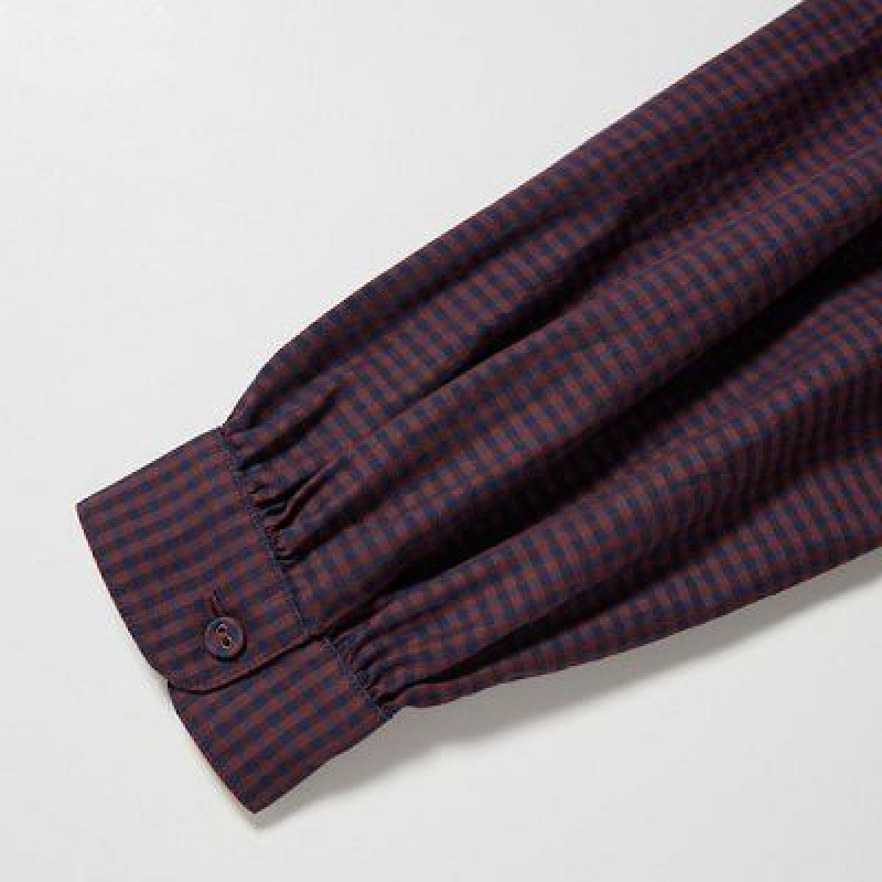 Peignoir Uniqlo Cotton Twill Checked Volume Sleeve Long Femme Marron | 1863897