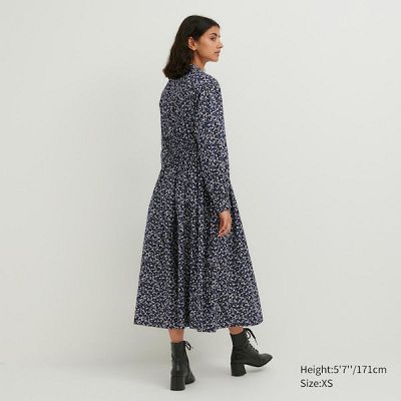 Peignoir Uniqlo Cotton Twill Printed Volume Sleeve Long Femme Bleu | 245011