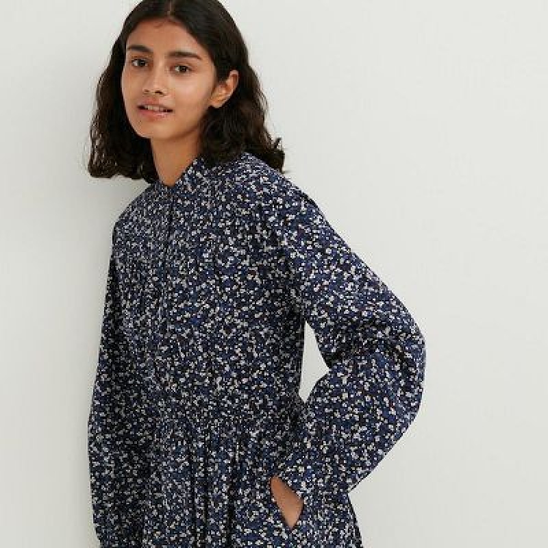Peignoir Uniqlo Cotton Twill Printed Volume Sleeve Long Femme Bleu | 245011