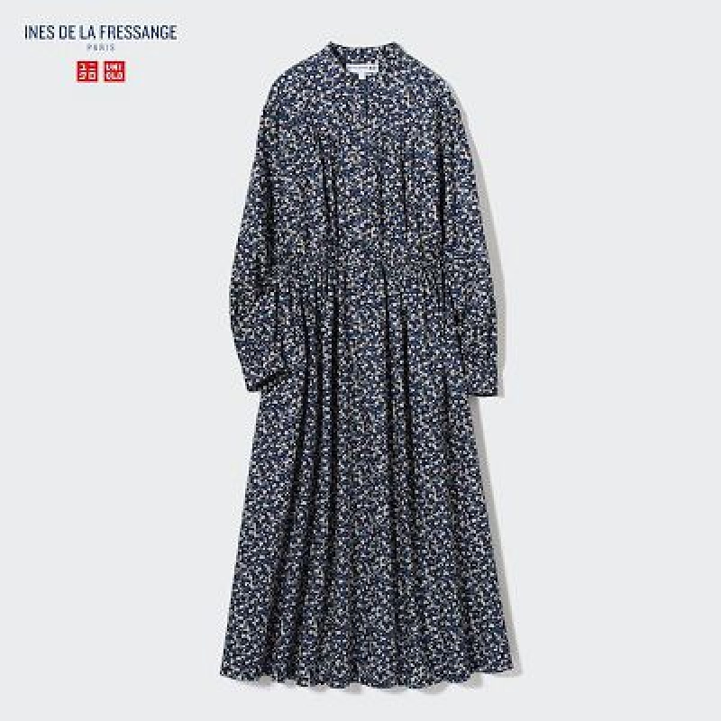 Peignoir Uniqlo Cotton Twill Printed Volume Sleeve Long Femme Bleu | 245011