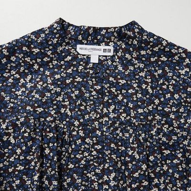Peignoir Uniqlo Cotton Twill Printed Volume Sleeve Long Femme Bleu | 245011