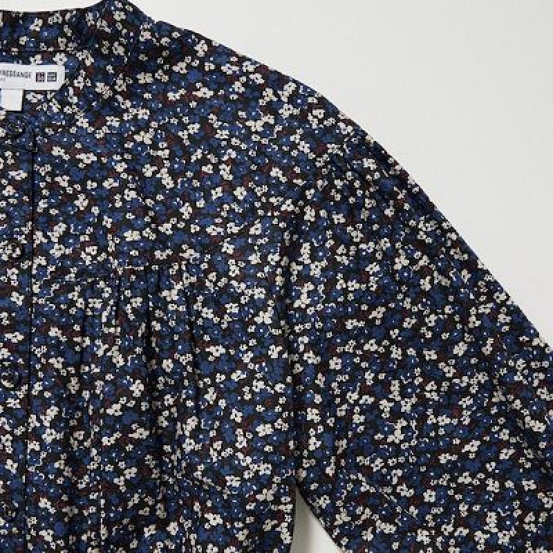 Peignoir Uniqlo Cotton Twill Printed Volume Sleeve Long Femme Bleu | 245011