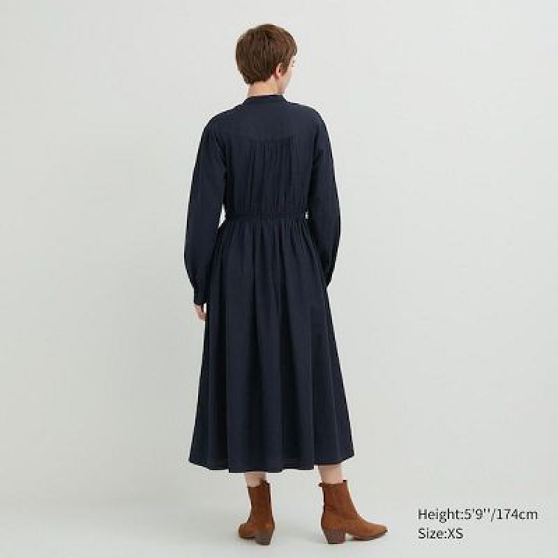 Peignoir Uniqlo Cotton Twill Volume Sleeve Long Femme Bleu Marine | 1324574