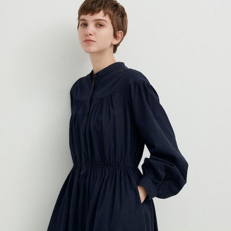 Peignoir Uniqlo Cotton Twill Volume Sleeve Long Femme Bleu Marine | 1324574