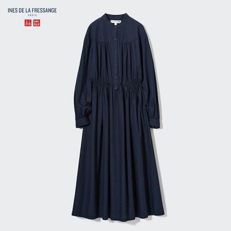Peignoir Uniqlo Cotton Twill Volume Sleeve Long Femme Bleu Marine | 1324574