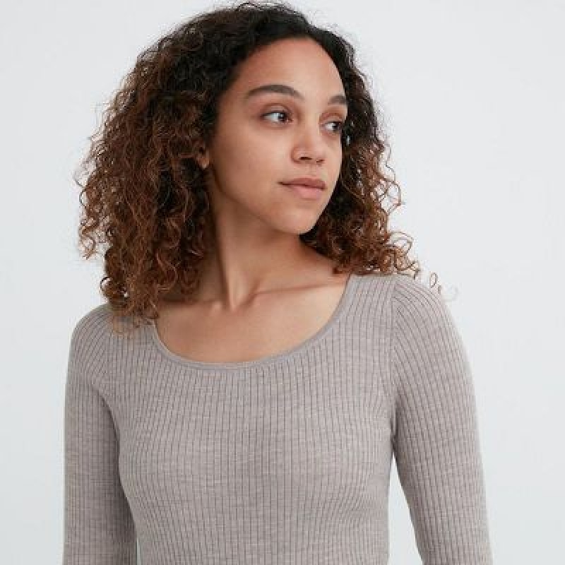 Peignoir Uniqlo Merino Blend Fitted U Neck Long Sleeve Femme Grise | 6954364