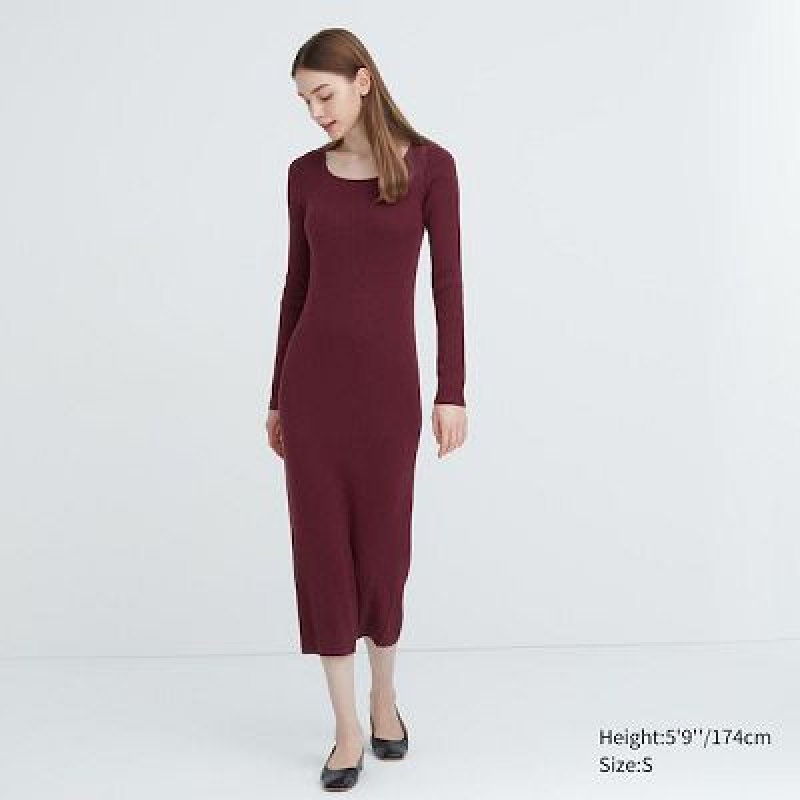 Peignoir Uniqlo Merino Blend Fitted U Neck Long Sleeve Femme Bordeaux | 3895077