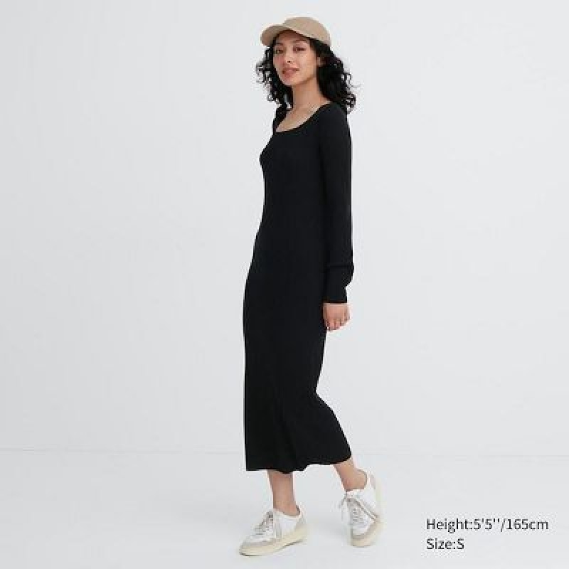 Peignoir Uniqlo Merino Blend Fitted U Neck Long Sleeve Femme Noir | 2642822