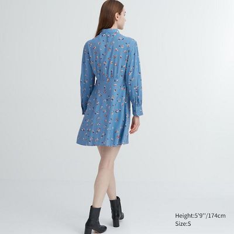Peignoir Uniqlo Printed V-Neck Long-Sleeve Mini Femme Bleu | 7124358