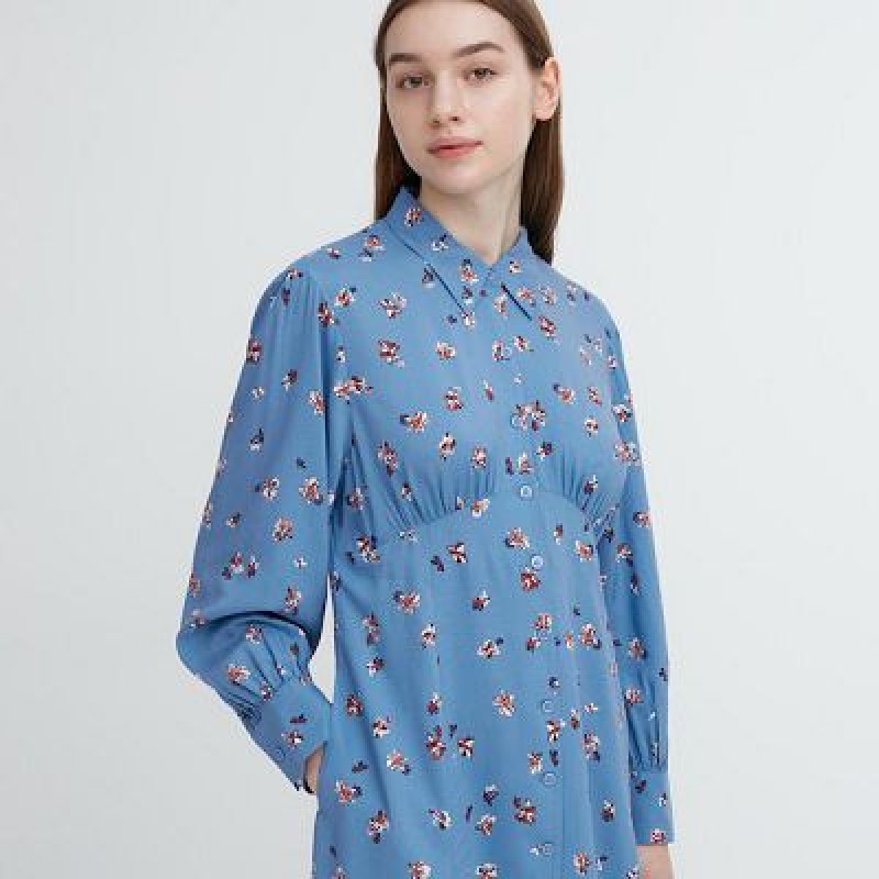 Peignoir Uniqlo Printed V-Neck Long-Sleeve Mini Femme Bleu | 7124358
