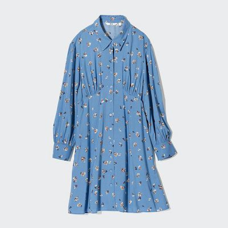 Peignoir Uniqlo Printed V-Neck Long-Sleeve Mini Femme Bleu | 7124358