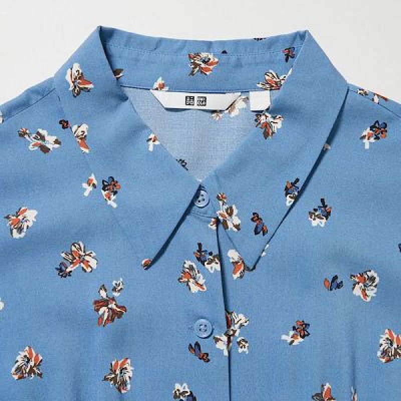 Peignoir Uniqlo Printed V-Neck Long-Sleeve Mini Femme Bleu | 7124358