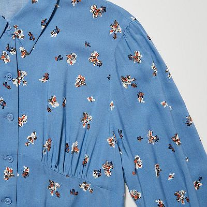 Peignoir Uniqlo Printed V-Neck Long-Sleeve Mini Femme Bleu | 7124358