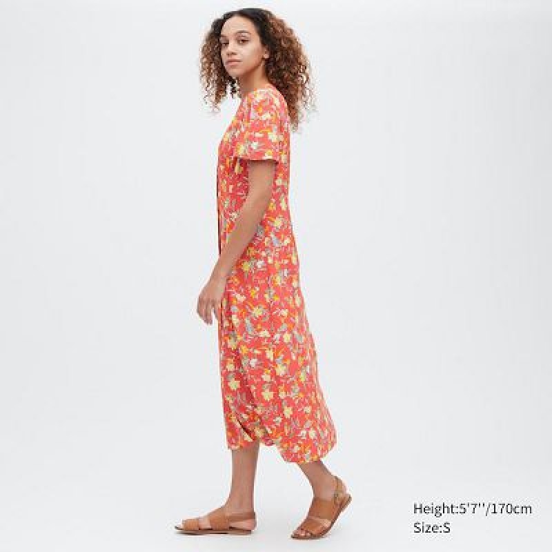 Peignoir Uniqlo Printed V-Neck Short-Sleeve Flare Femme Rouge | 4538727