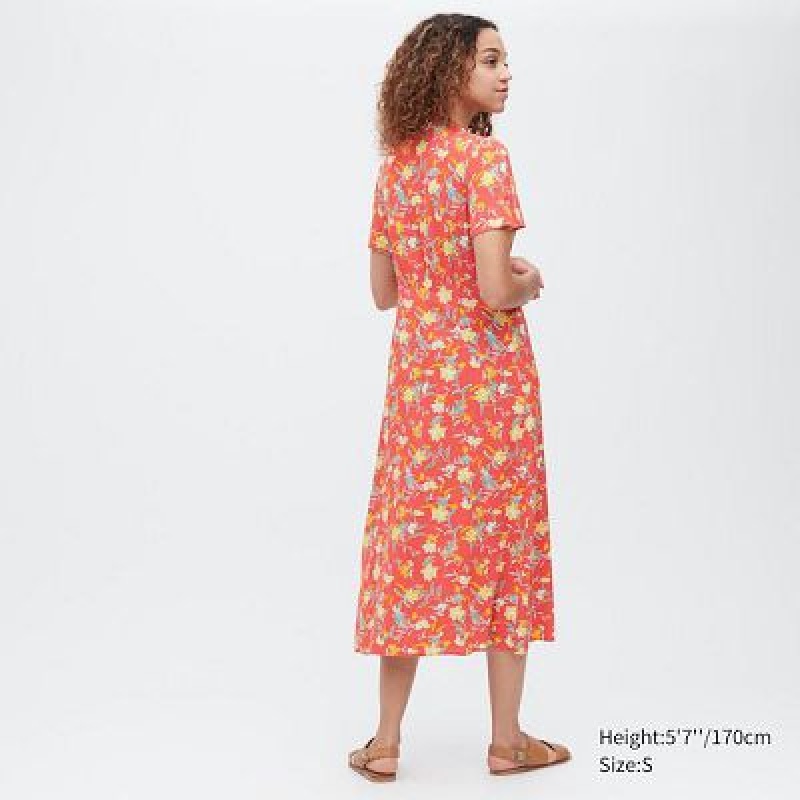 Peignoir Uniqlo Printed V-Neck Short-Sleeve Flare Femme Rouge | 4538727