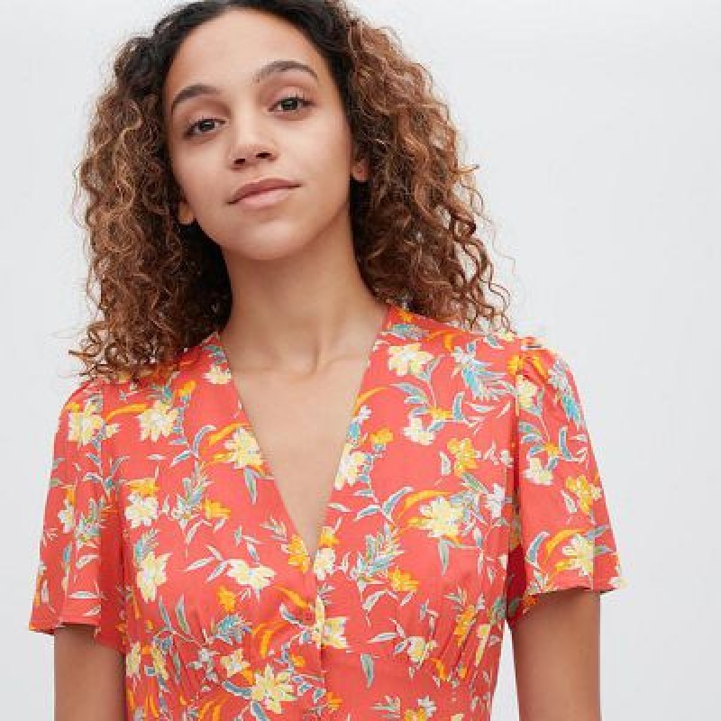 Peignoir Uniqlo Printed V-Neck Short-Sleeve Flare Femme Rouge | 4538727
