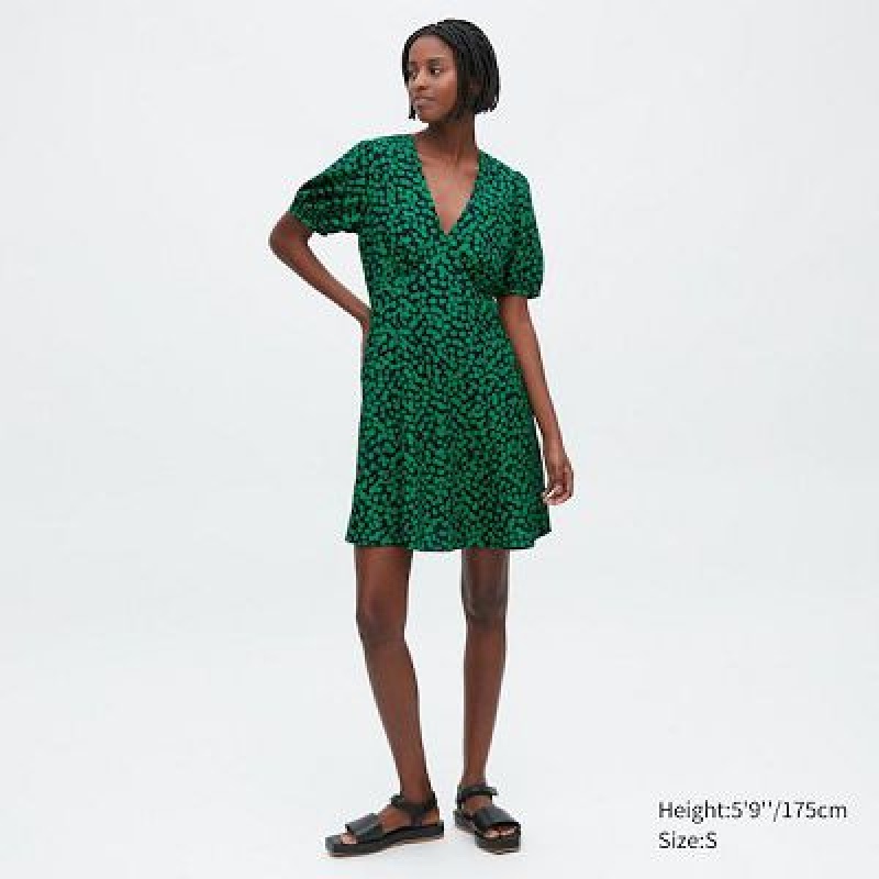 Peignoir Uniqlo Printed V-Neck Short-Sleeve Mini Femme Vert | 5587915