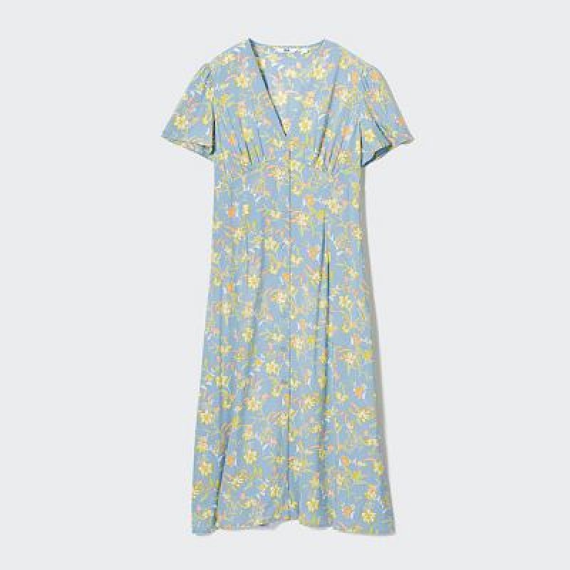 Peignoir Uniqlo Printed V-Neck Short-Sleeve Flare Femme Bleu | 8556290