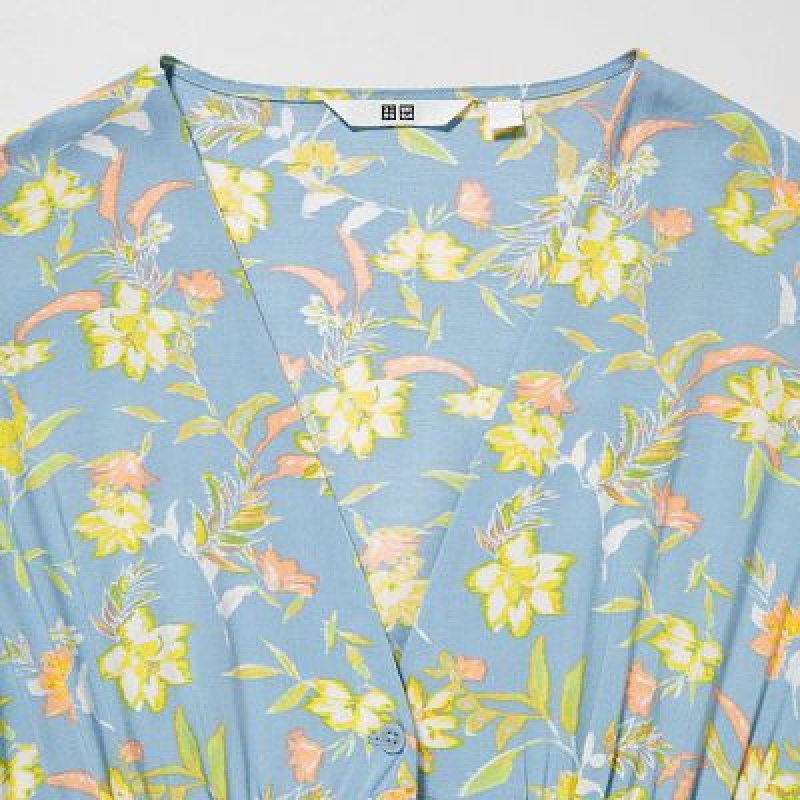 Peignoir Uniqlo Printed V-Neck Short-Sleeve Flare Femme Bleu | 8556290