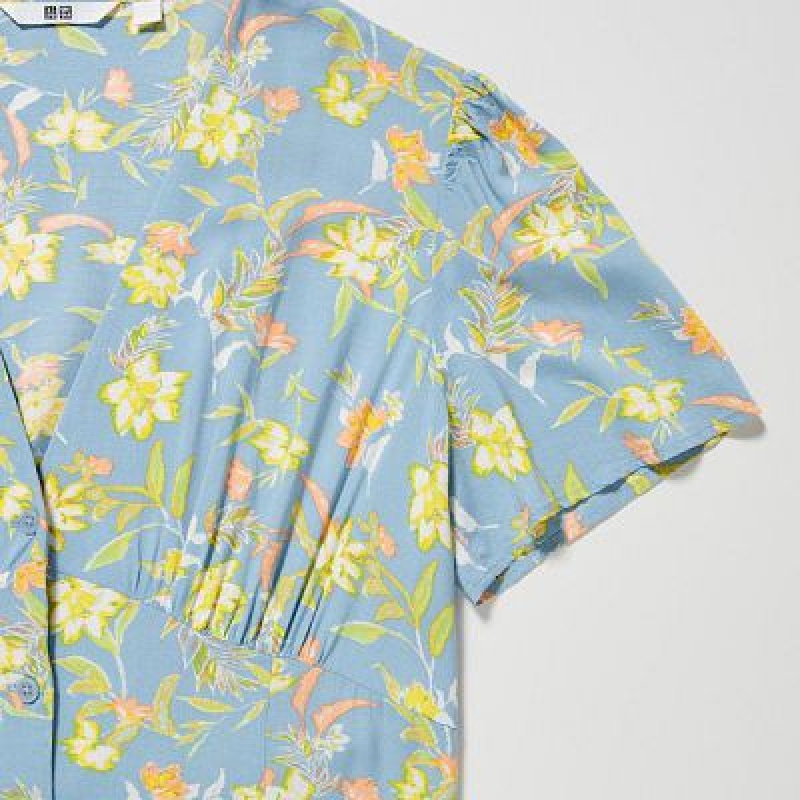 Peignoir Uniqlo Printed V-Neck Short-Sleeve Flare Femme Bleu | 8556290