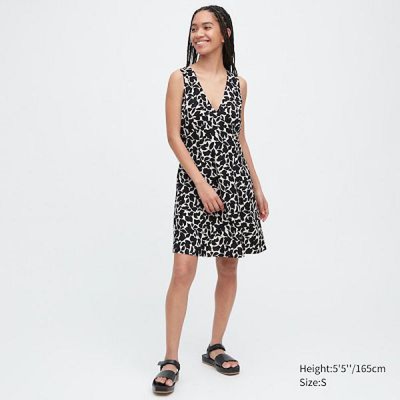 Peignoir Uniqlo Printed V-Neck Sleeveless Mini Femme Noir | 2451438
